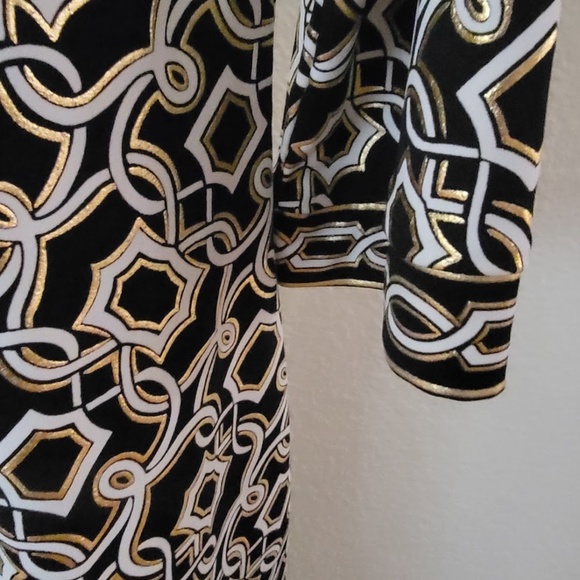 WHBM Black/Gold/White Metallic Midi Dress Embellished w/ Rhinestones. Size L - Picture 9 of 11